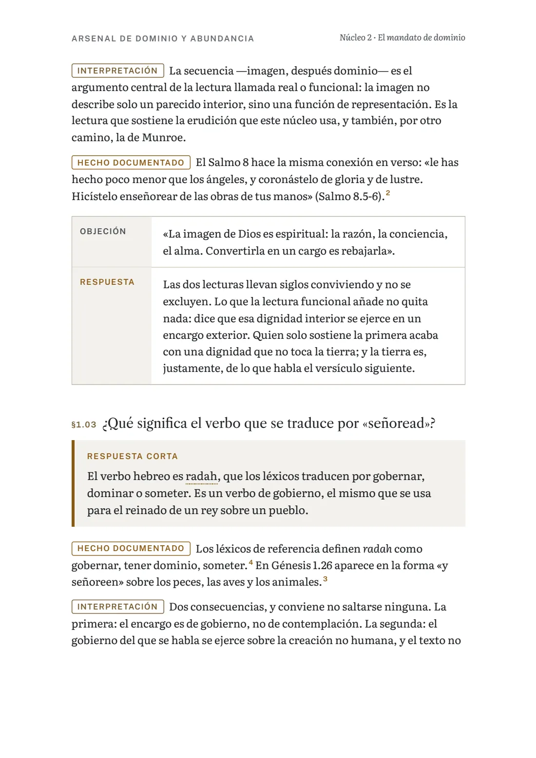 Página del núcleo 2 con Génesis 1 leído verbo a verbo