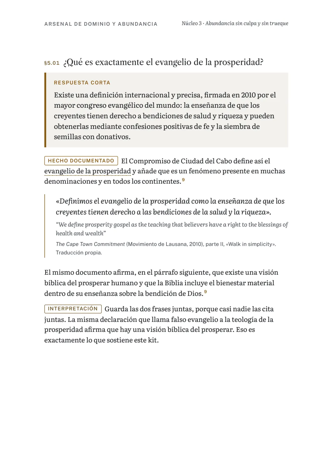Página del núcleo 3 con la definición internacional de evangelio de la prosperidad